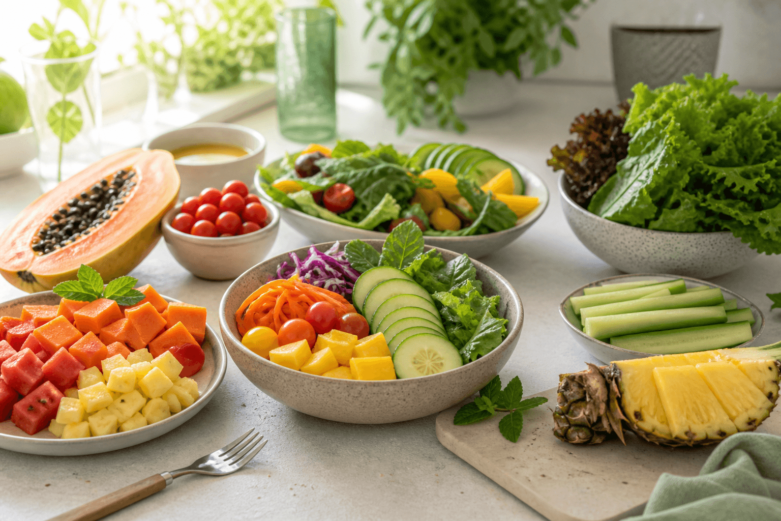 Fresh salad bowls and cut produce prepared for delivery